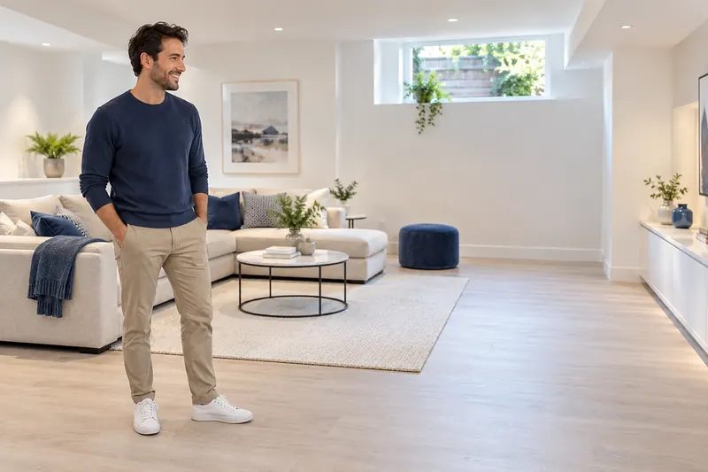 A man in a newly finished basement family room with a lightwell