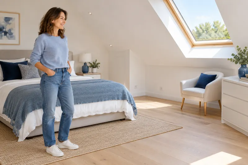 A woman pleased with her freshly finished loft bedroom under white sloping ceilings