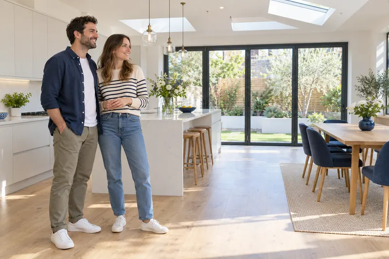 A couple smiling in their newly finished kitchen extension with roof lights and garden doors