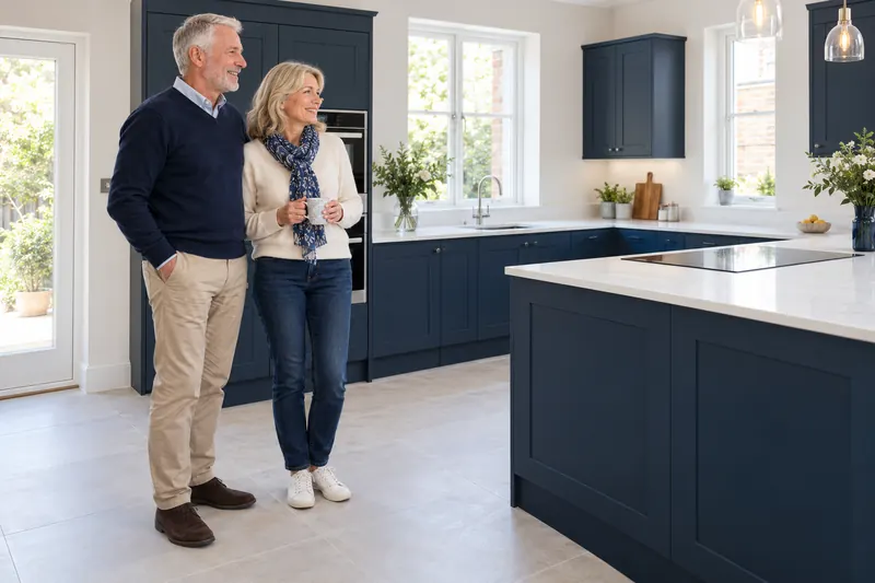 An older couple in their newly fitted kitchen with blue cabinet doors