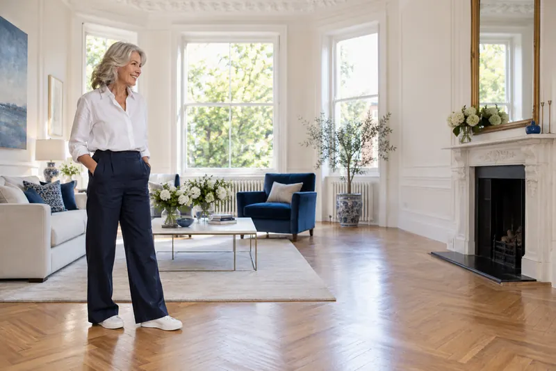 A woman in a refurbished mansion-block flat with high ceilings and a parquet floor
