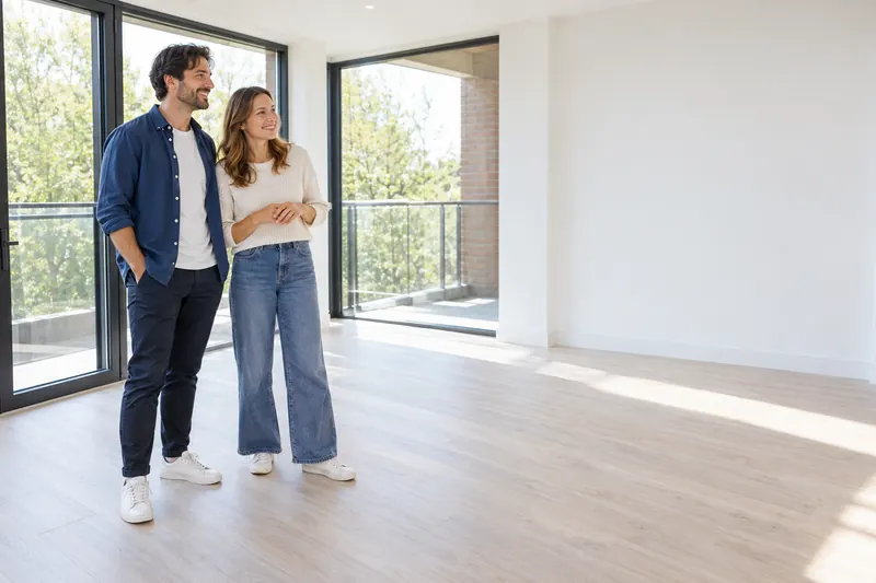 A couple in the empty living room of a new-build flat with floor-to-ceiling windows