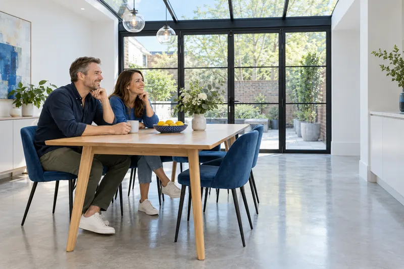 A couple at the dining table in their new side-return extension with a glazed roof