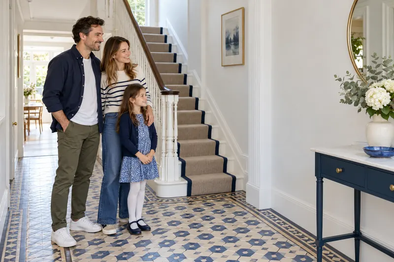 A family in the hallway of a renovated Victorian terrace with restored floor tiles